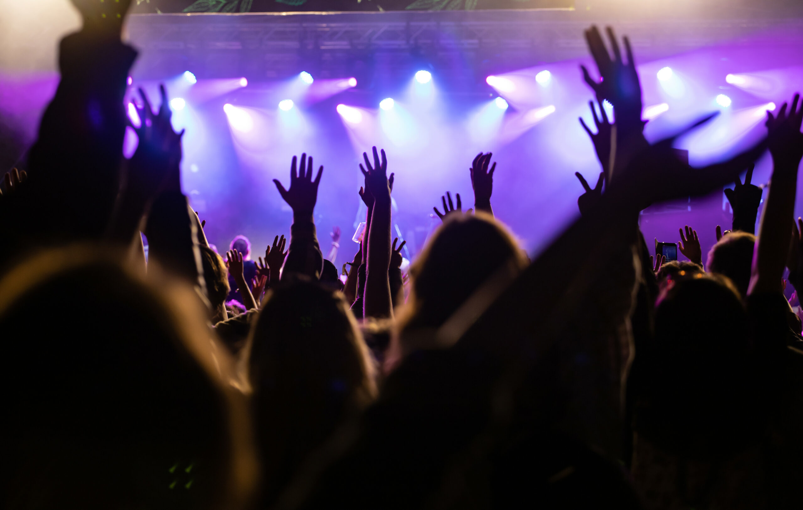 Crowd at concert - Cheering crowd in front of bright colorful stage lights
